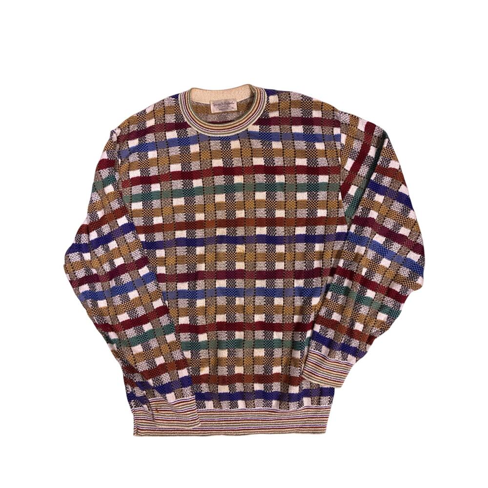Vintage 80s Rainbow Multicolor Plaid Sweater Men’s XL Y2K Kidcore Retro Knit